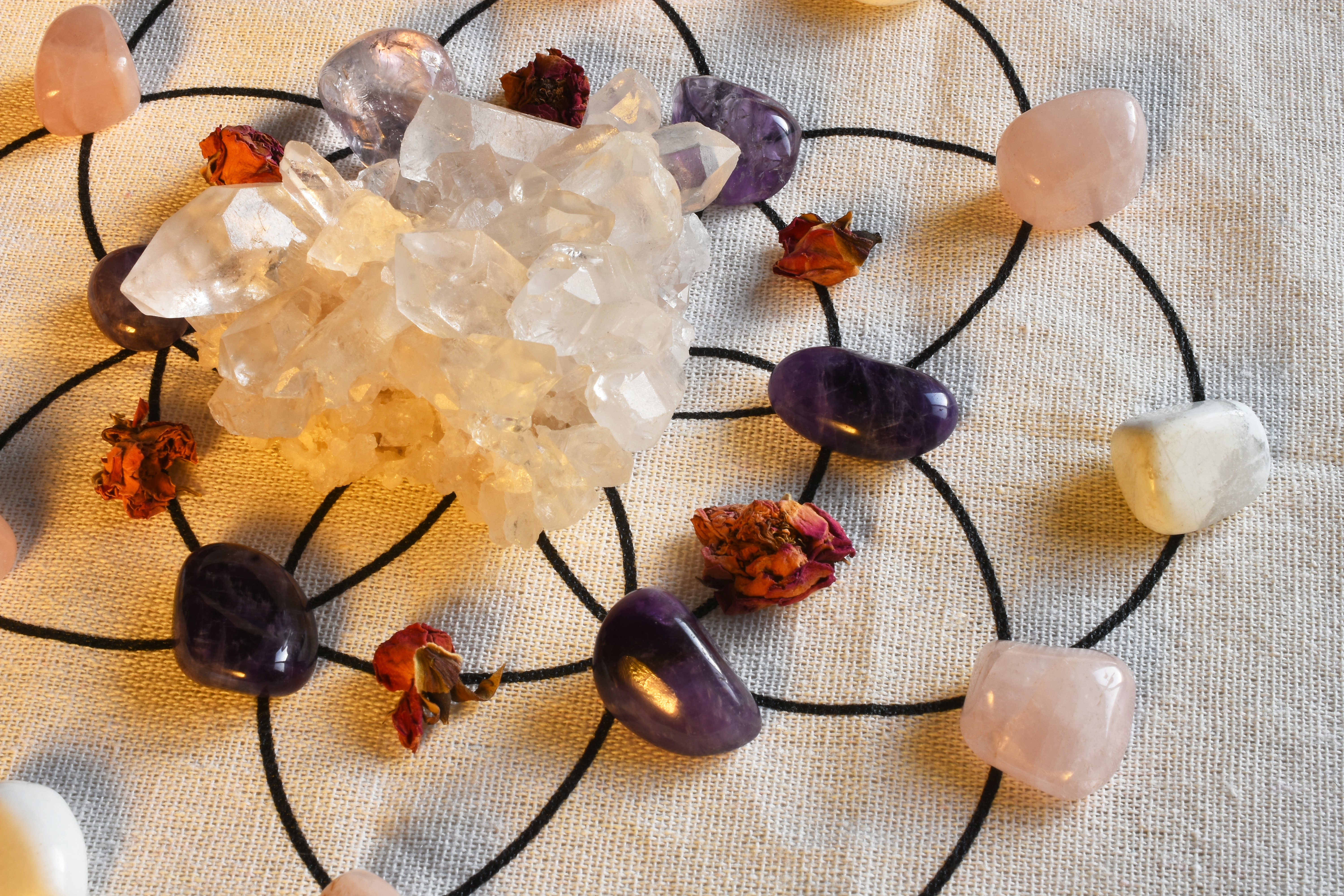 Crystals laid out on a healing grid